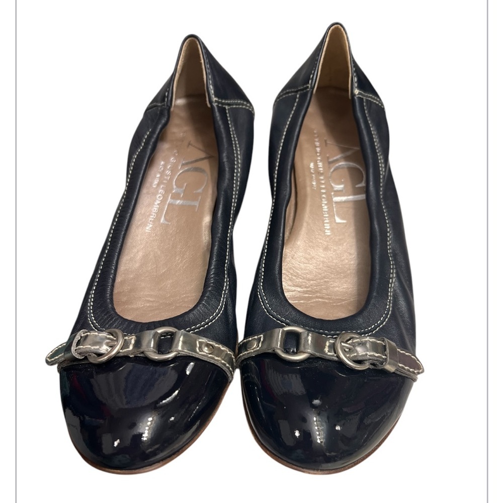Agl Cap Toe Leather Ballet Flats Italian Size 38 1/2 Navy Blue